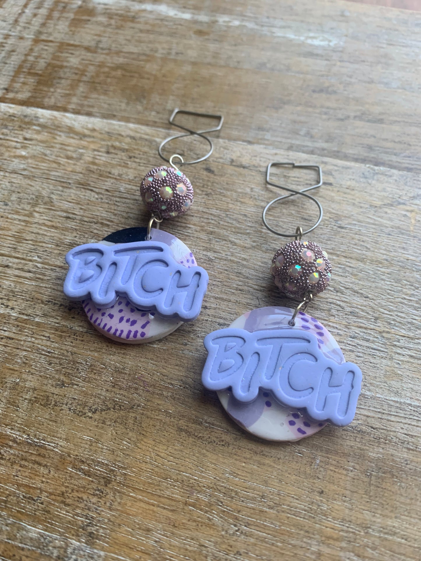 As-Is Bitch Clay Tunnel Gauge Earrings Purple Lavender Clip On Earrings Polymer Bitch Earrings
