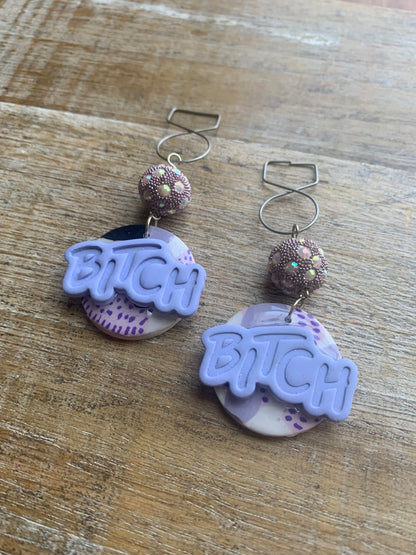 As-Is Bitch Clay Tunnel Gauge Earrings Purple Lavender Clip On Earrings Polymer Bitch Earrings