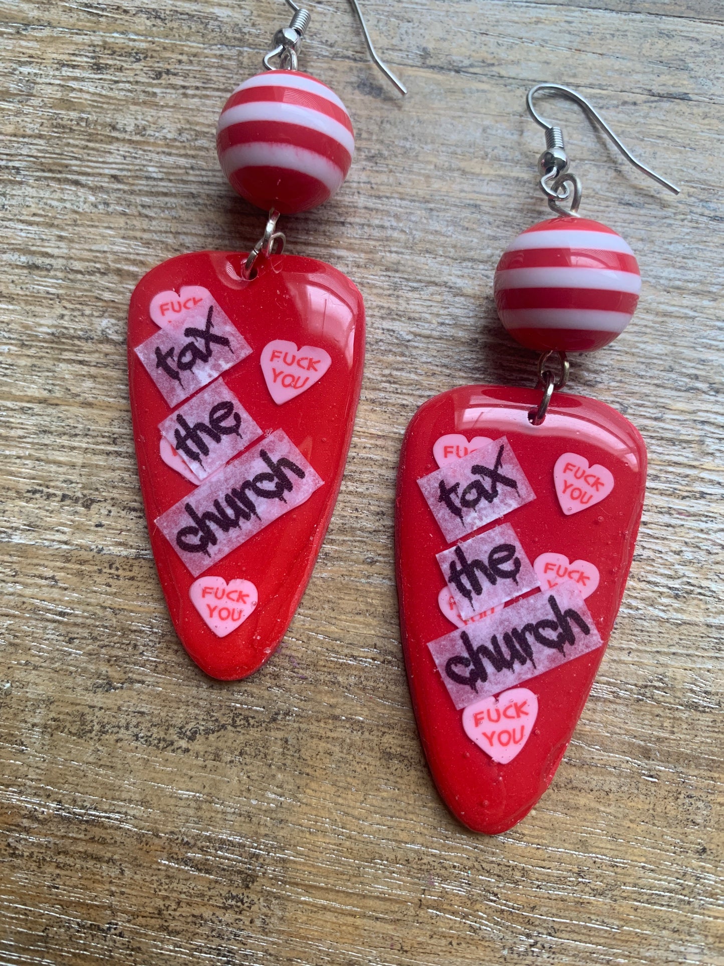 As-Is Tax the Church Red Polymer Clay Earrings Swear Word Clip On Earrings Ear Hangers