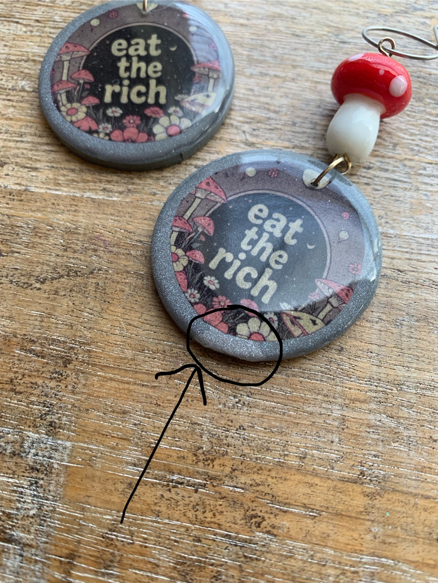 As-Is Eat The Rich Tunnel Gauge Earrings Cottage Mushroom Liberal Protest Polymer Clay Clip On Earrings
