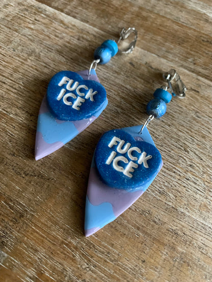 Fuck Ice Protest Activist Tunnel Gauge Earrings Liberal Clip On Earrings Purple & Blue