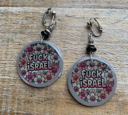 As-Is Fuck Israel Clip On Earrings Gray Polymer Clay Tunnel Gauge Earrings