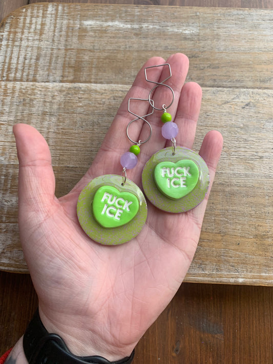 Fuck Ice Protest Activist Tunnel Gauge Earrings Liberal Clip On Earrings Purple & Lime Green