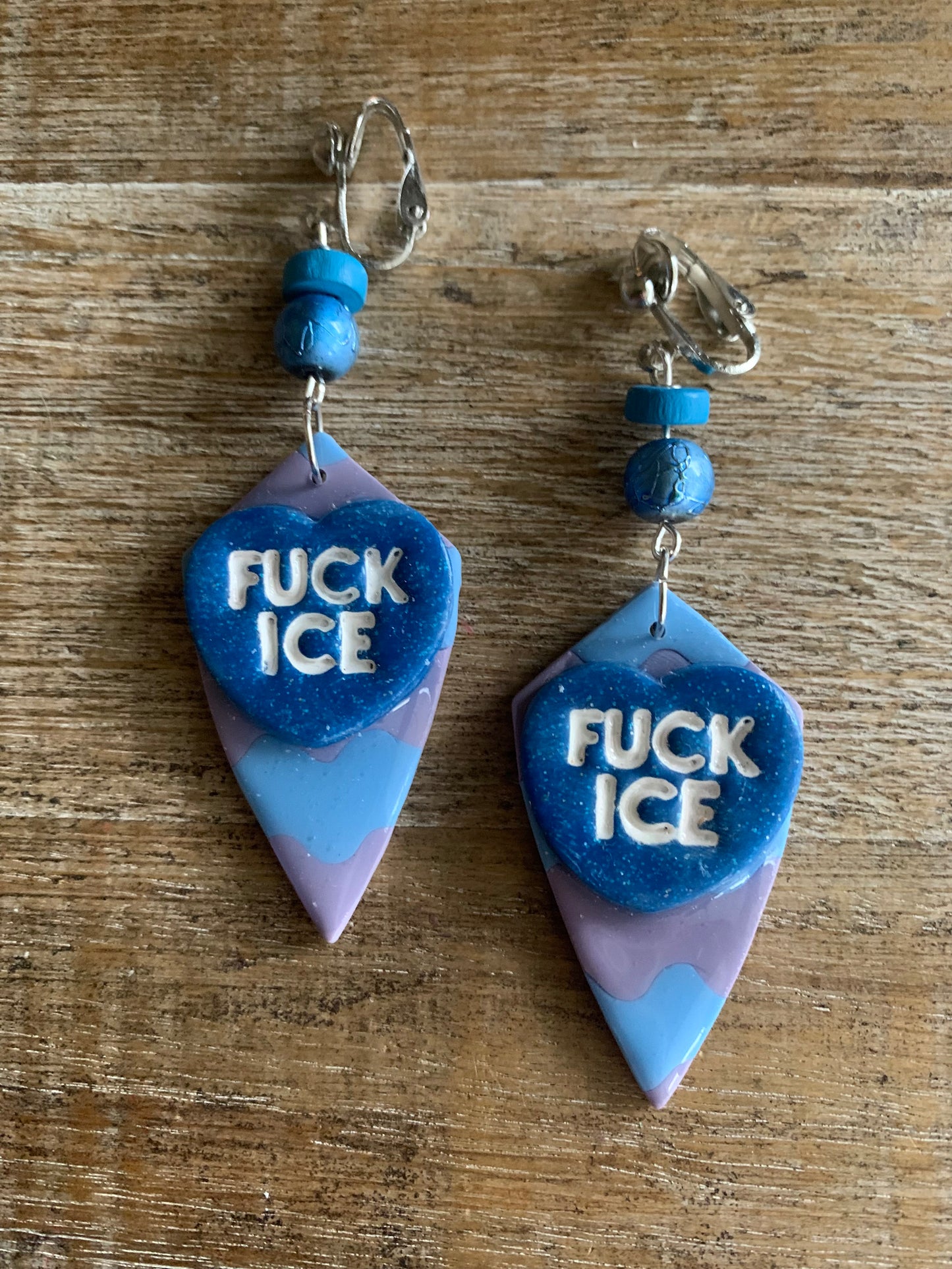 Fuck Ice Protest Activist Tunnel Gauge Earrings Liberal Clip On Earrings Purple & Blue