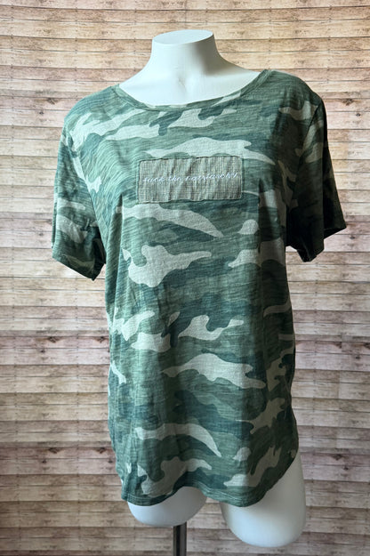 Fuck the Patriarchy Reclaimed Upcycled Camo Top Short Sleeve Green Shirt Size XL Womens