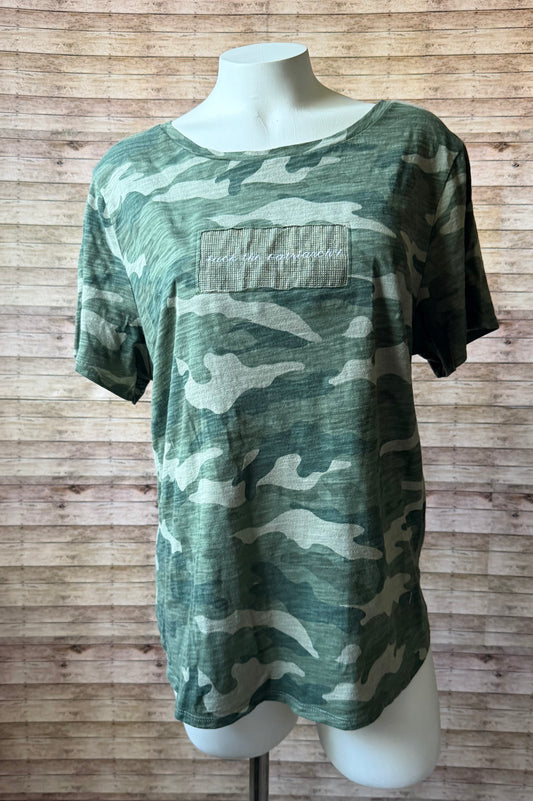 Fuck the Patriarchy Reclaimed Upcycled Camo Top Short Sleeve Green Shirt Size XL Womens