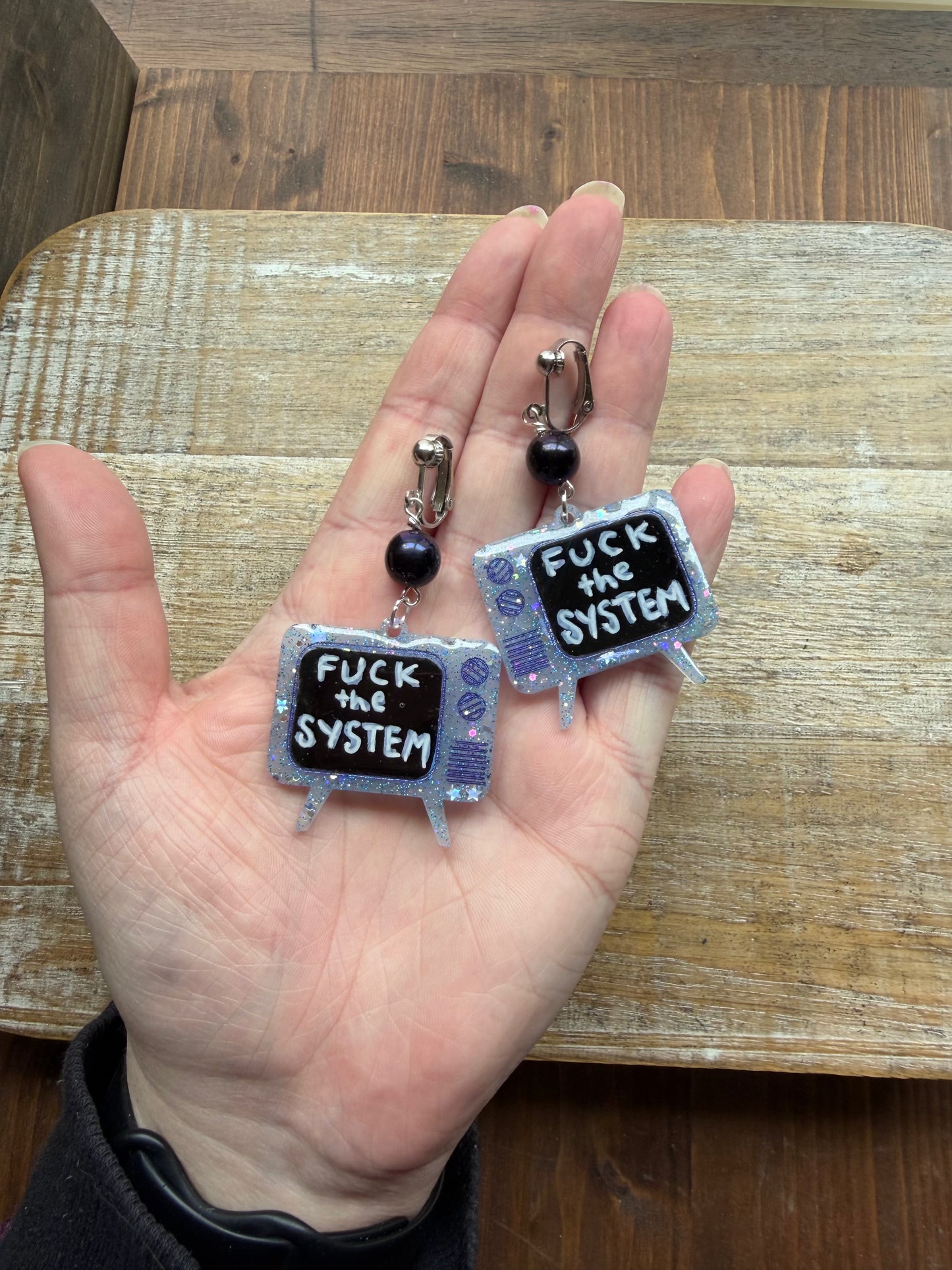 Fuck the System Resin Retro TV Glitter Clip On Earrings Tunnel Gauge Earrings