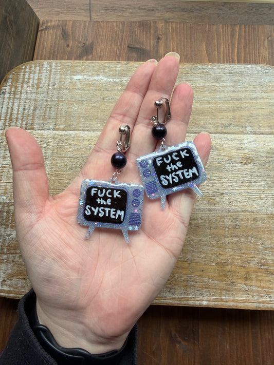 Fuck the System Resin Retro TV Glitter Clip On Earrings Tunnel Gauge Earrings