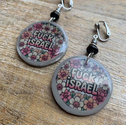 As-Is Fuck Israel Clip On Earrings Gray Polymer Clay Tunnel Gauge Earrings
