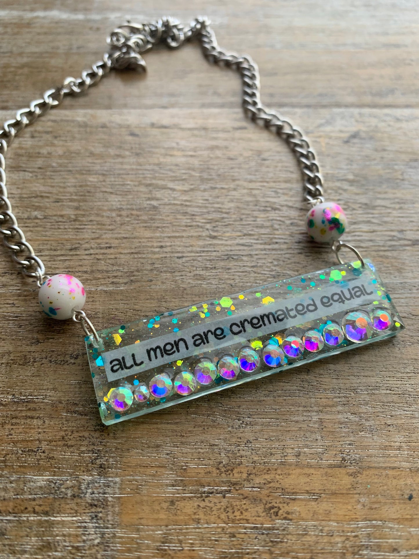 All Men Are Cremated Equal Necklace Funny Feminist Rhinestone Glitter Necklace Silver Tone Chain