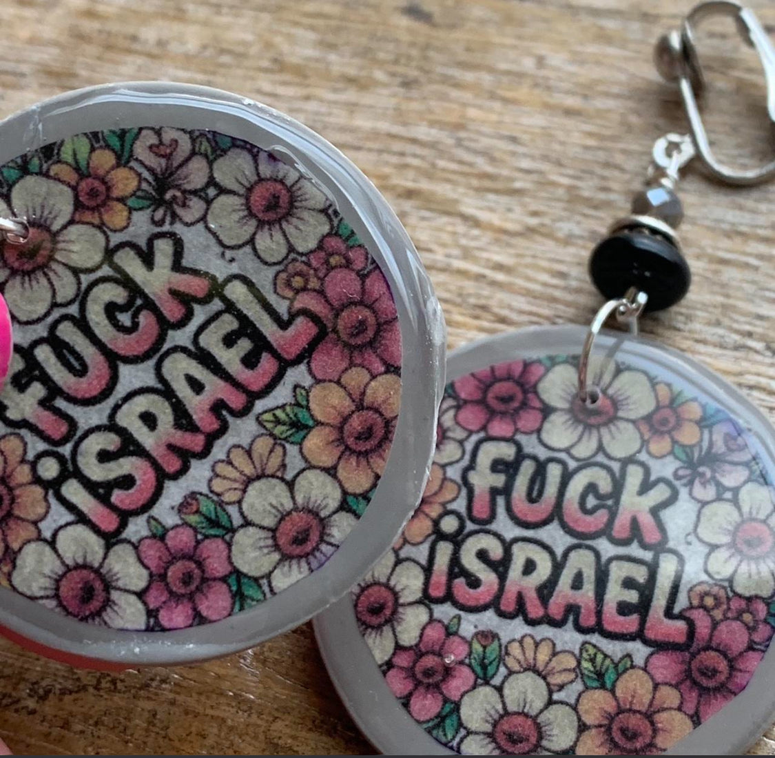 As-Is Fuck Israel Clip On Earrings Gray Polymer Clay Tunnel Gauge Earrings