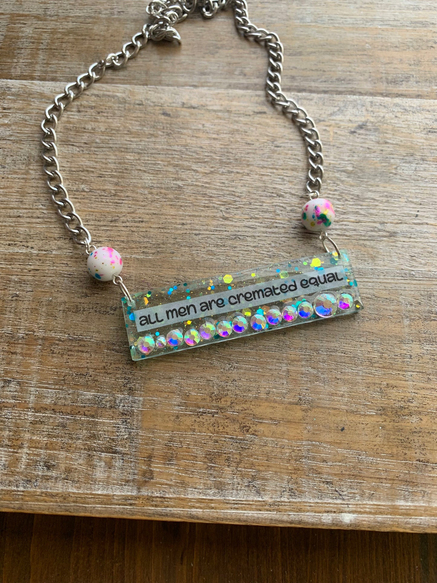 All Men Are Cremated Equal Necklace Funny Feminist Rhinestone Glitter Necklace Silver Tone Chain