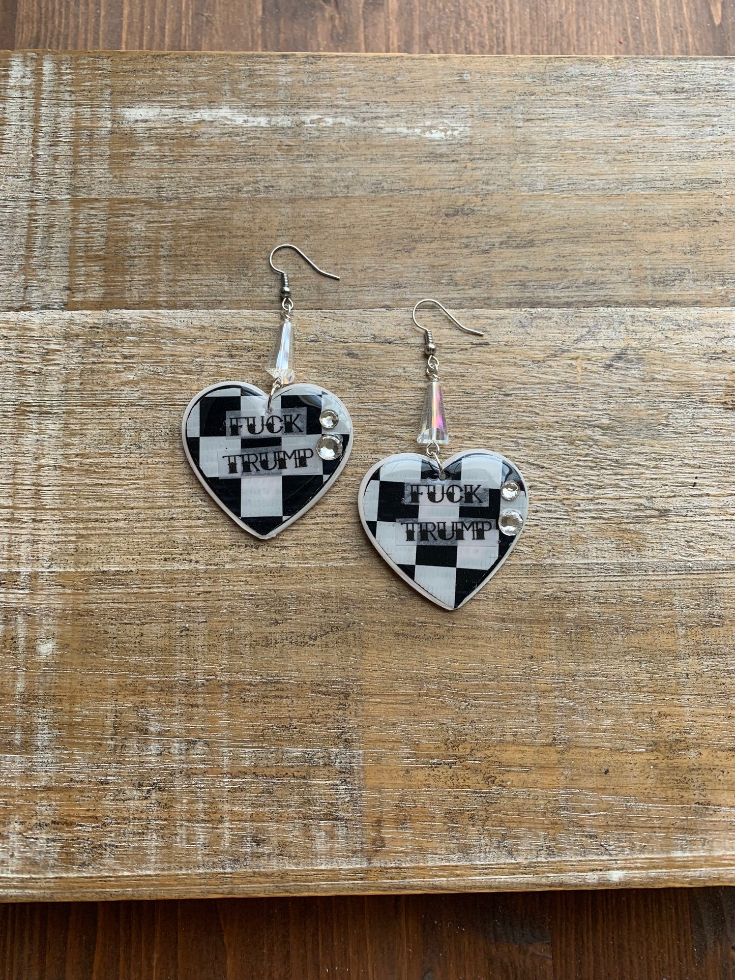 Fuck Trump Punk Checkered Rhinestone Earrings Clip On Earrings Ear Hangers