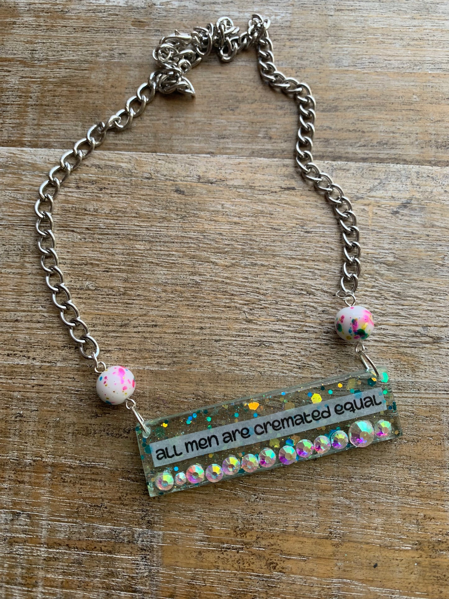 All Men Are Cremated Equal Necklace Funny Feminist Rhinestone Glitter Necklace Silver Tone Chain