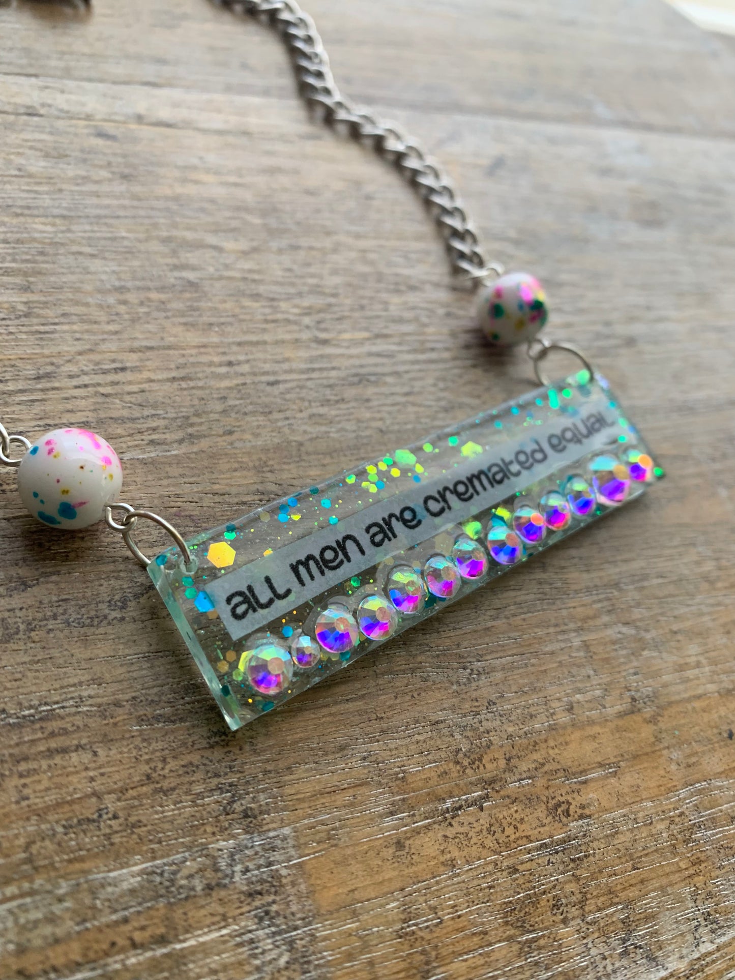 All Men Are Cremated Equal Necklace Funny Feminist Rhinestone Glitter Necklace Silver Tone Chain