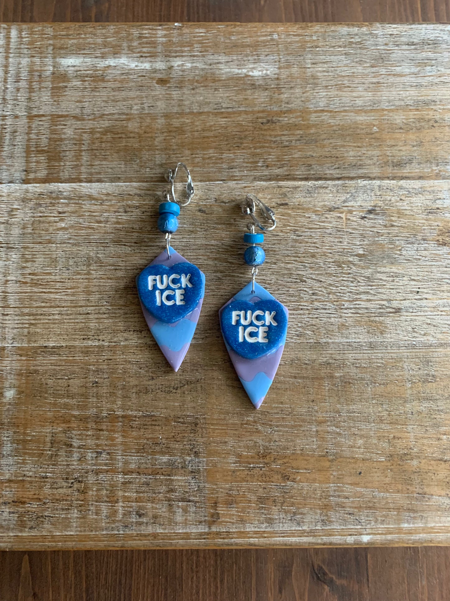 Fuck Ice Protest Activist Tunnel Gauge Earrings Liberal Clip On Earrings Purple & Blue