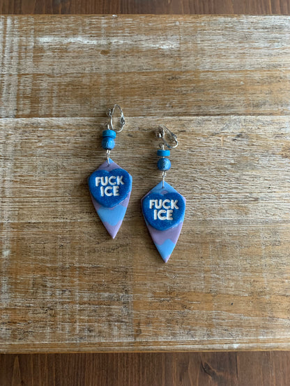 Fuck Ice Protest Activist Tunnel Gauge Earrings Liberal Clip On Earrings Purple & Blue