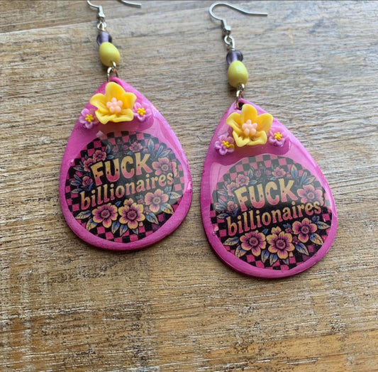 Fuck Billionaires Colorful Wood Neon Earrings Clip On Earrings Tunnel Gauge Earrings
