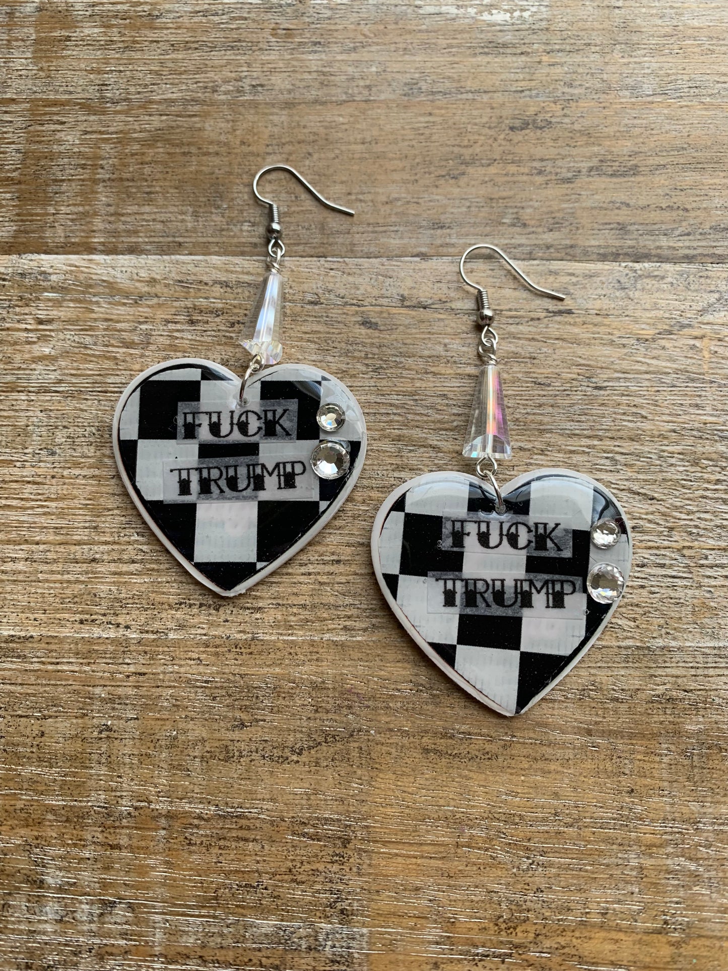 Fuck Trump Punk Checkered Rhinestone Earrings Clip On Earrings Ear Hangers