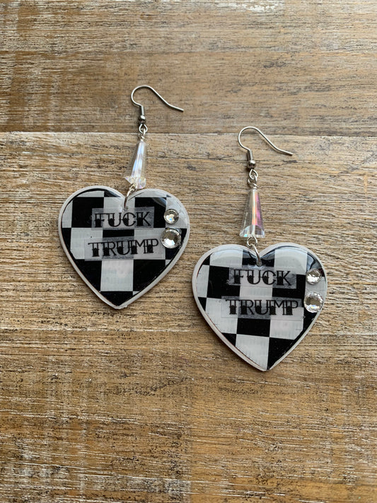 Fuck Trump Punk Checkered Rhinestone Earrings Clip On Earrings Ear Hangers