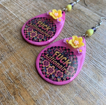 Fuck Billionaires Colorful Wood Neon Earrings Clip On Earrings Tunnel Gauge Earrings