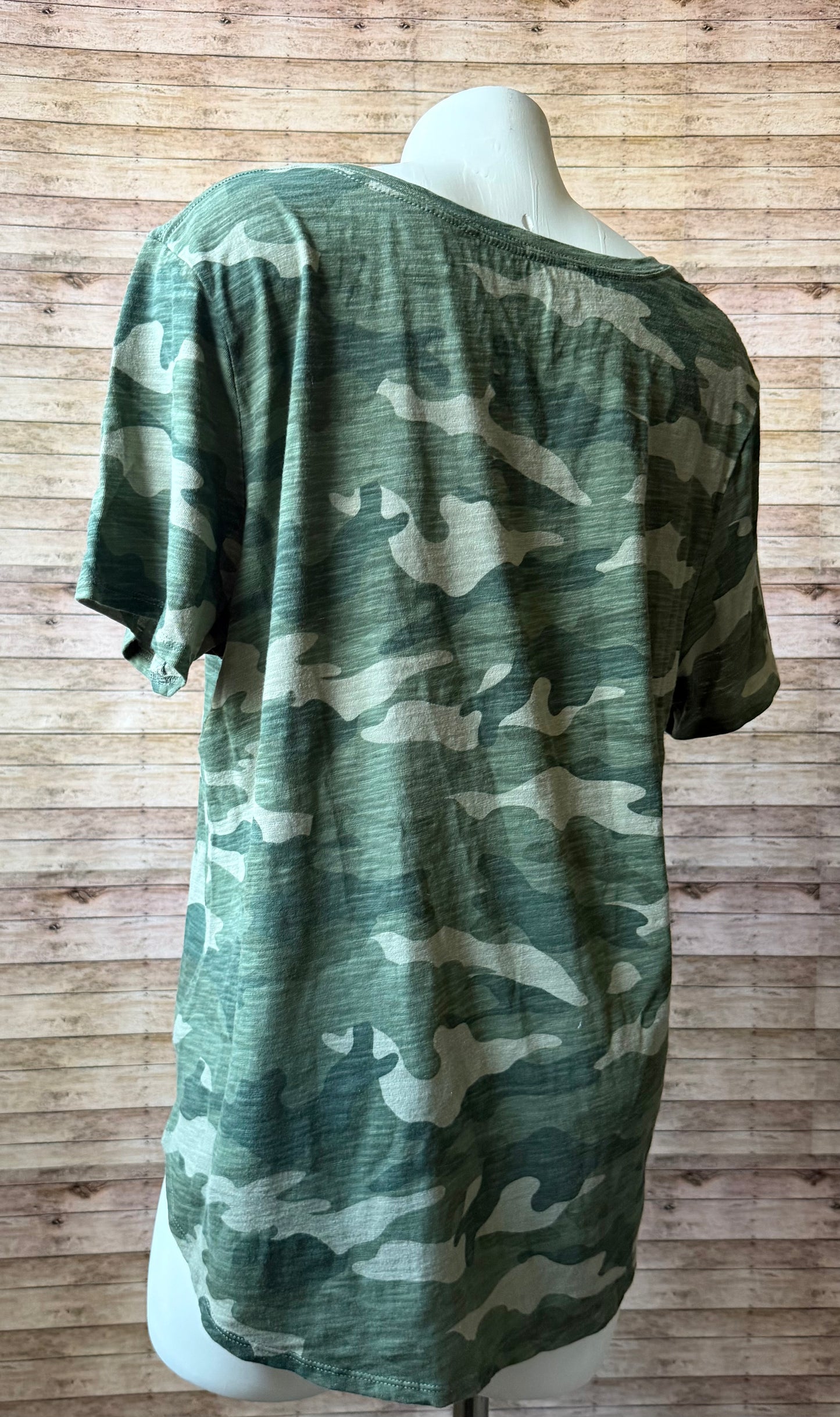 Fuck the Patriarchy Reclaimed Upcycled Camo Top Short Sleeve Green Shirt Size XL Womens