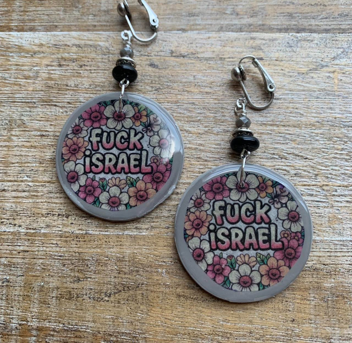 As-Is Fuck Israel Clip On Earrings Gray Polymer Clay Tunnel Gauge Earrings
