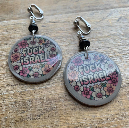 As-Is Fuck Israel Clip On Earrings Gray Polymer Clay Tunnel Gauge Earrings