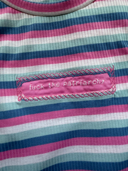 Fuck the Patriarchy Reclaimed Upcycled Crop Top Long Sleeve Striped Shirt Size L Womens