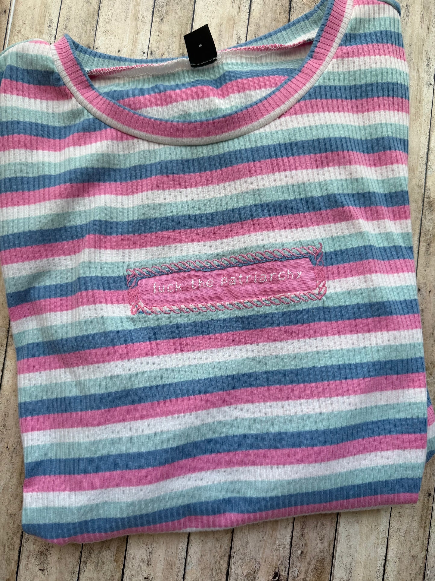 Fuck the Patriarchy Reclaimed Upcycled Crop Top Long Sleeve Striped Shirt Size L Womens