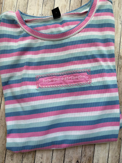 Fuck the Patriarchy Reclaimed Upcycled Crop Top Long Sleeve Striped Shirt Size L Womens