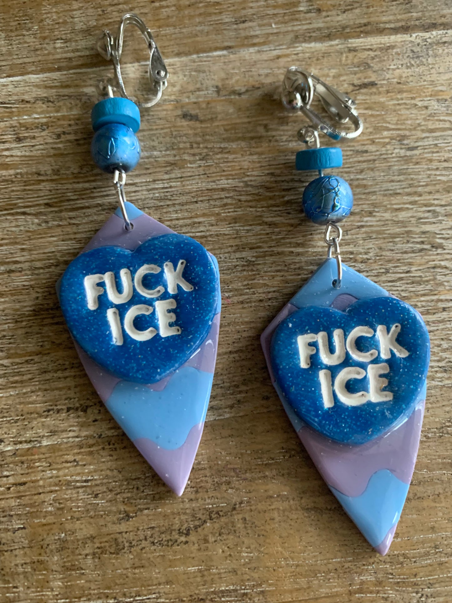 Fuck Ice Protest Activist Tunnel Gauge Earrings Liberal Clip On Earrings Purple & Blue