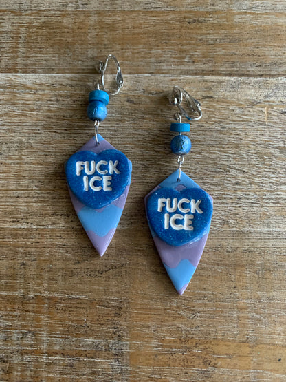 Fuck Ice Protest Activist Tunnel Gauge Earrings Liberal Clip On Earrings Purple & Blue
