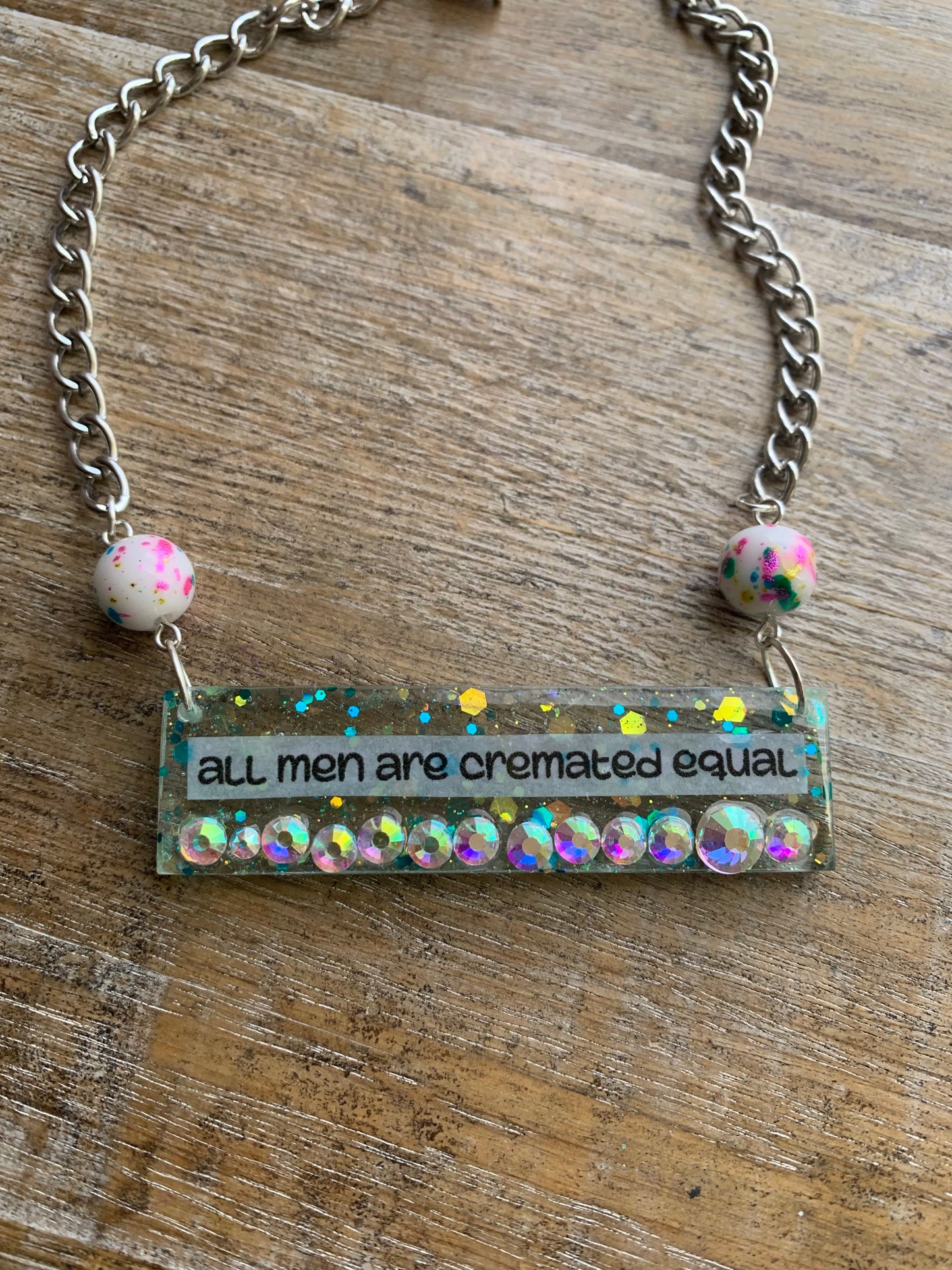 All Men Are Cremated Equal Necklace Funny Feminist Rhinestone Glitter Necklace Silver Tone Chain