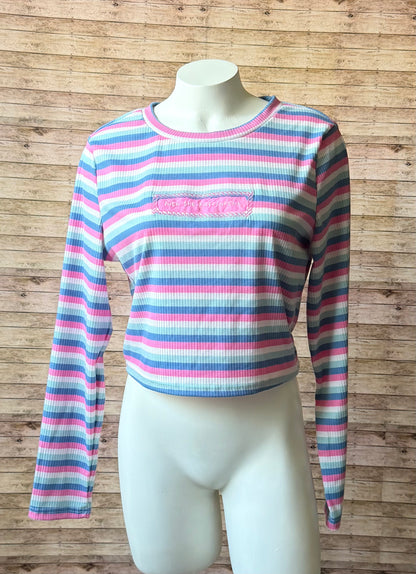 Fuck the Patriarchy Reclaimed Upcycled Crop Top Long Sleeve Striped Shirt Size L Womens
