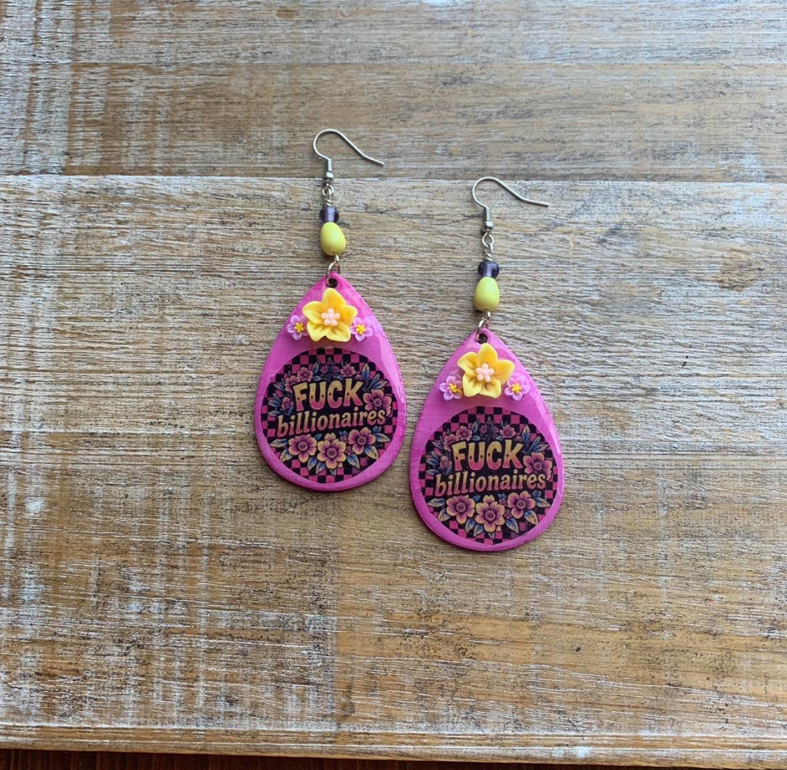 Fuck Billionaires Colorful Wood Neon Earrings Clip On Earrings Tunnel Gauge Earrings