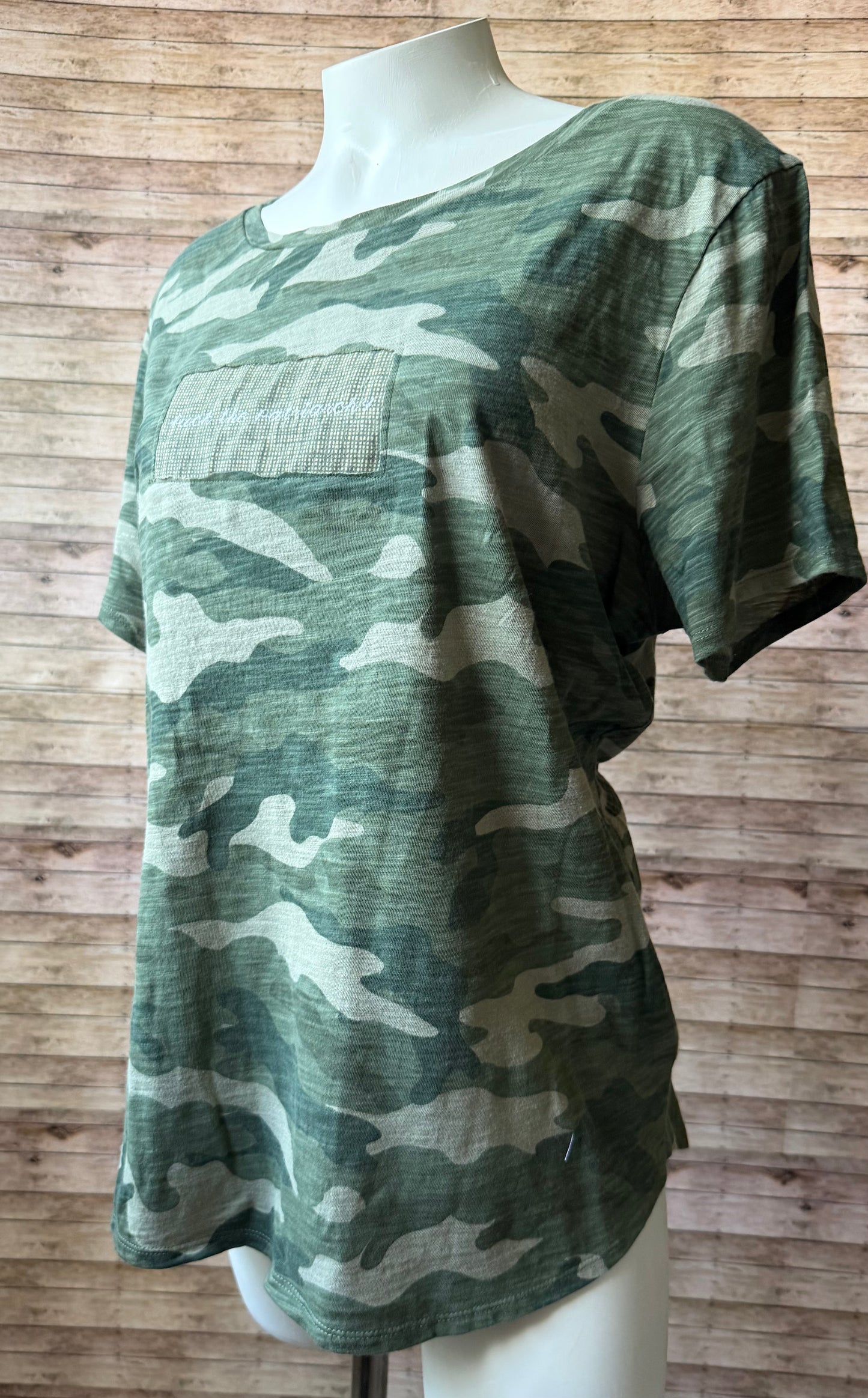 Fuck the Patriarchy Reclaimed Upcycled Camo Top Short Sleeve Green Shirt Size XL Womens
