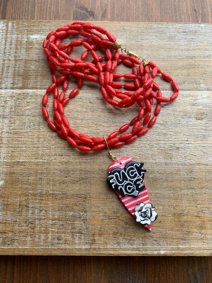 Fuck Ice Multi Strand Upcycled Red & Black Clay Vintage Beaded Protest Necklace