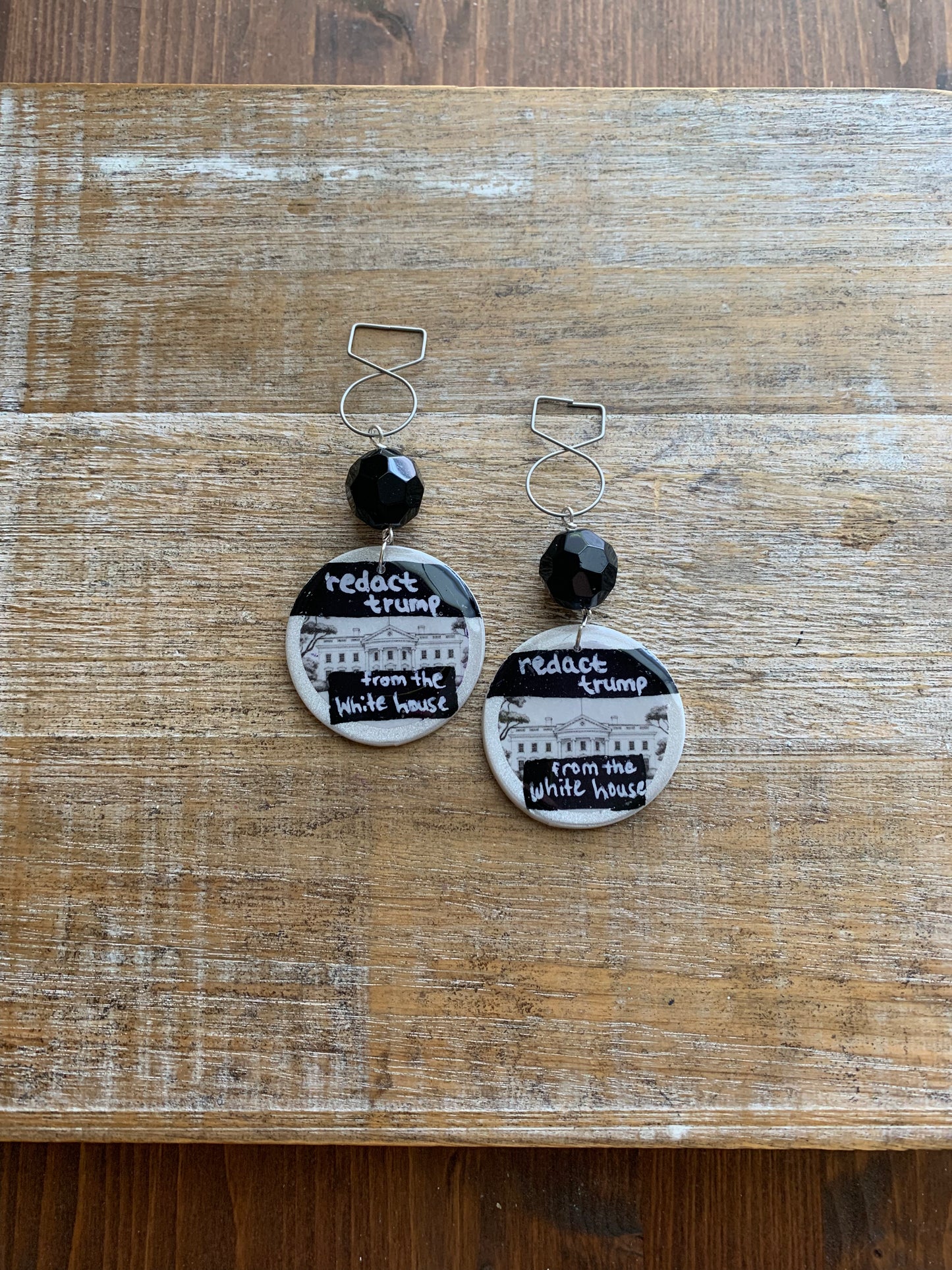 Redact Trump from the White House Anti Trump Tunnel Gauge Earrings Art Deco White Black Liberal Clip On Earrings