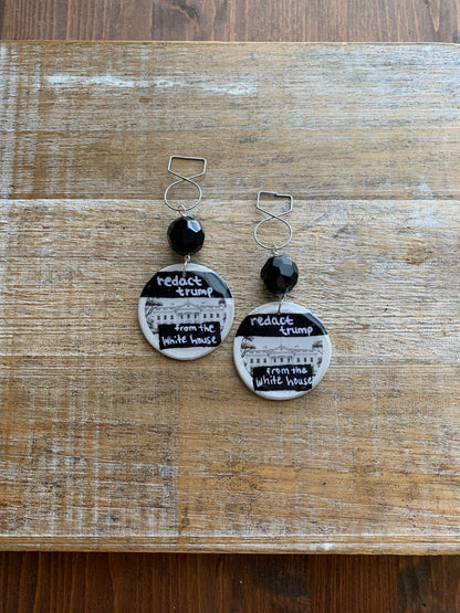 Redact Trump from the White House Anti Trump Tunnel Gauge Earrings Art Deco White Black Liberal Clip On Earrings