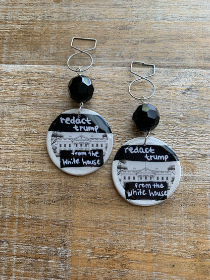 Redact Trump from the White House Anti Trump Tunnel Gauge Earrings Art Deco White Black Liberal Clip On Earrings