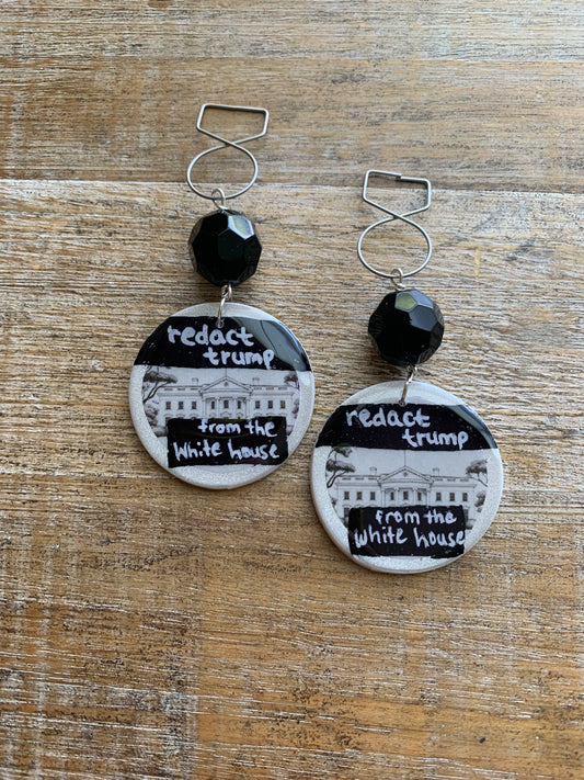 Redact Trump from the White House Anti Trump Tunnel Gauge Earrings Art Deco White Black Liberal Clip On Earrings
