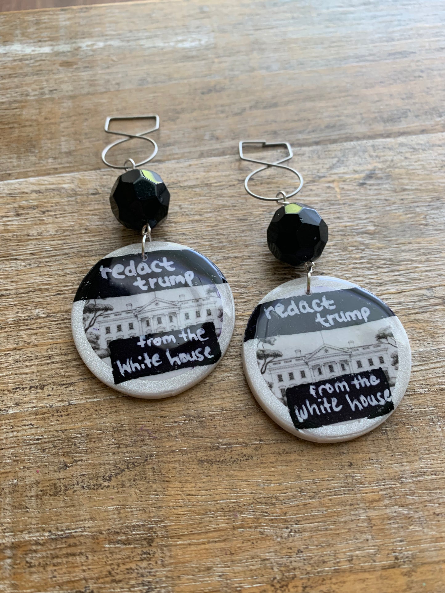 Redact Trump from the White House Anti Trump Tunnel Gauge Earrings Art Deco White Black Liberal Clip On Earrings