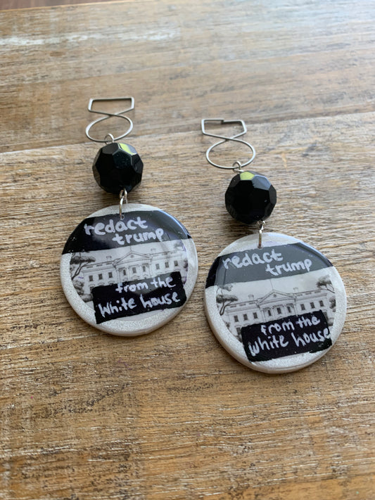 Redact Trump from the White House Anti Trump Tunnel Gauge Earrings Art Deco White Black Liberal Clip On Earrings