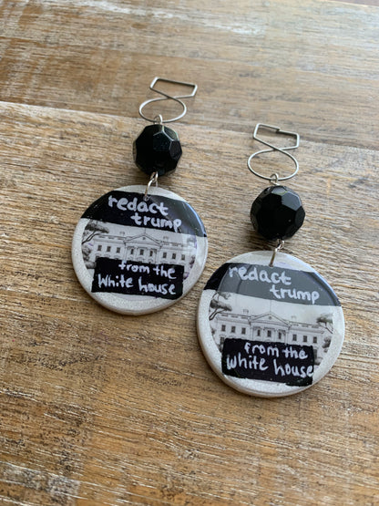 Redact Trump from the White House Anti Trump Tunnel Gauge Earrings Art Deco White Black Liberal Clip On Earrings