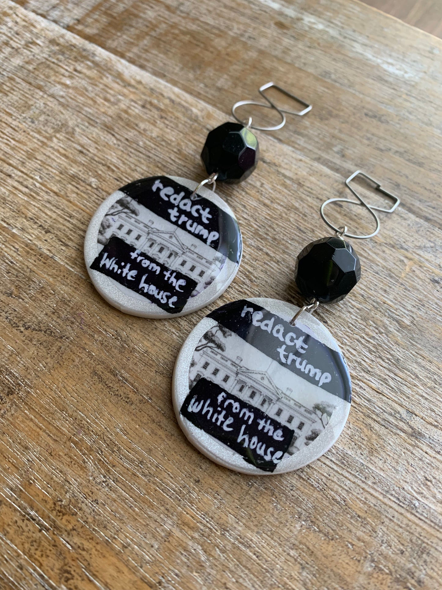 Redact Trump from the White House Anti Trump Tunnel Gauge Earrings Art Deco White Black Liberal Clip On Earrings