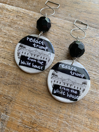 Redact Trump from the White House Anti Trump Tunnel Gauge Earrings Art Deco White Black Liberal Clip On Earrings