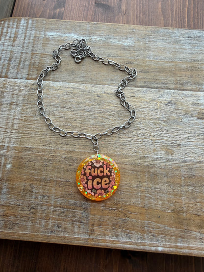 Fuck Ice Orange & Black Resin Floral Chain Protest Necklace Glitter