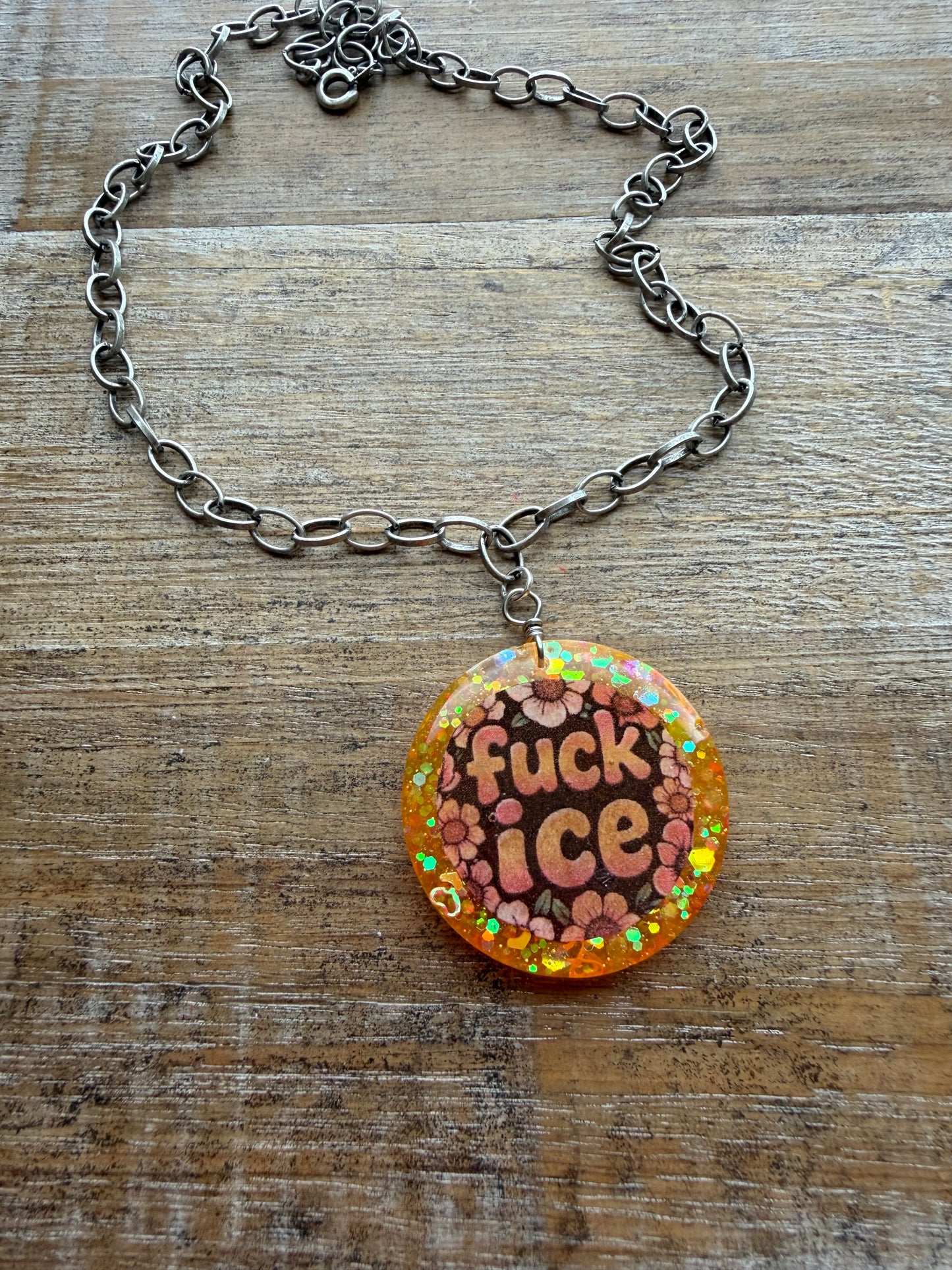 Fuck Ice Orange & Black Resin Floral Chain Protest Necklace Glitter