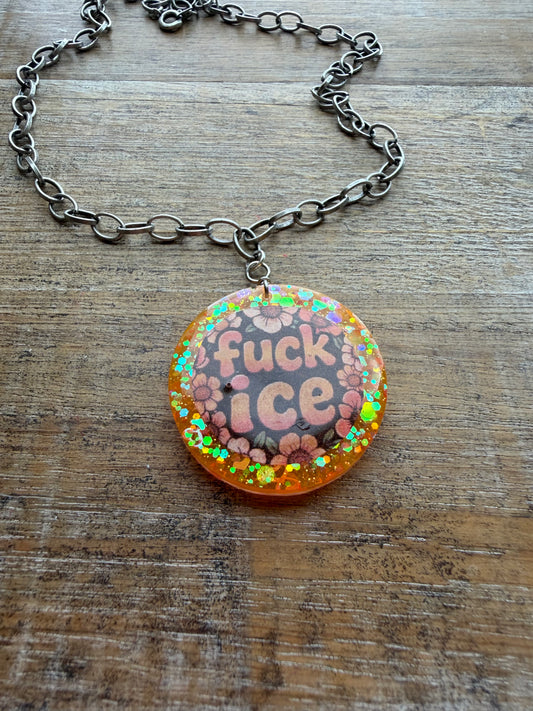 Fuck Ice Orange & Black Resin Floral Chain Protest Necklace Glitter